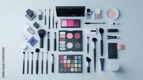  Isometric 3d realistic image of set of make-up cosmetic displaying knolling in neat and clean white background. AI Generative. photo