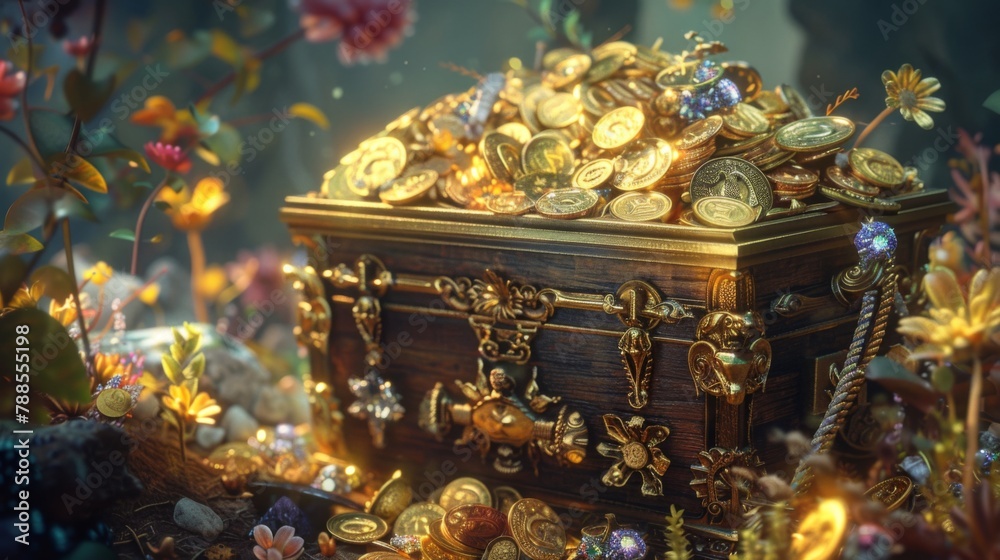 A treasure chest overflowing with glittering gold coins and precious gems, evoking the thrill of