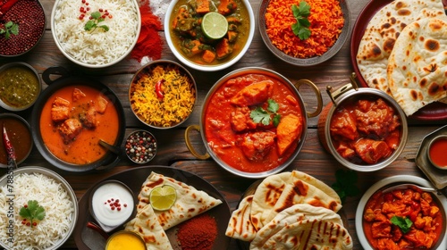 A vibrant Indian feast spread across a table, featuring colorful curries, fragrant rice, and assorted naan bread, tempting the senses with exotic flavors.
