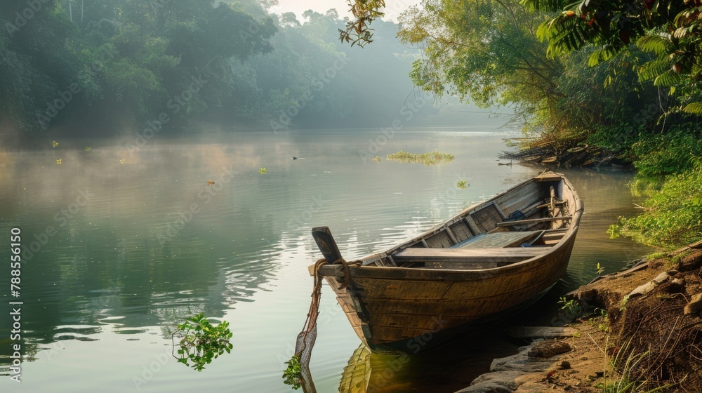 A wooden fishing boat anchored on a serene riverbank, with fishermen preparing their nets for a day of traditional fishing.