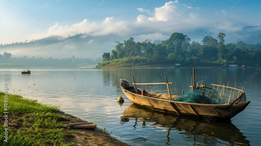 A wooden fishing boat anchored on a serene riverbank, with fishermen preparing their nets for a day of traditional fishing. A wooden fishing boat anchored on a serene riverbank, with fishermen preparing their nets for a day of traditional fishing.