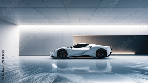 An Electric Sports Car Is Parked In A Well-Lit Garage.