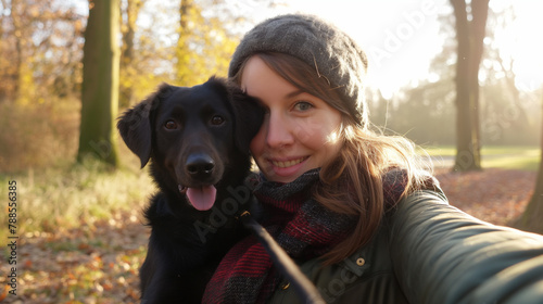 Mulher feliz no parque com seu cachorro no estilo selfie photo