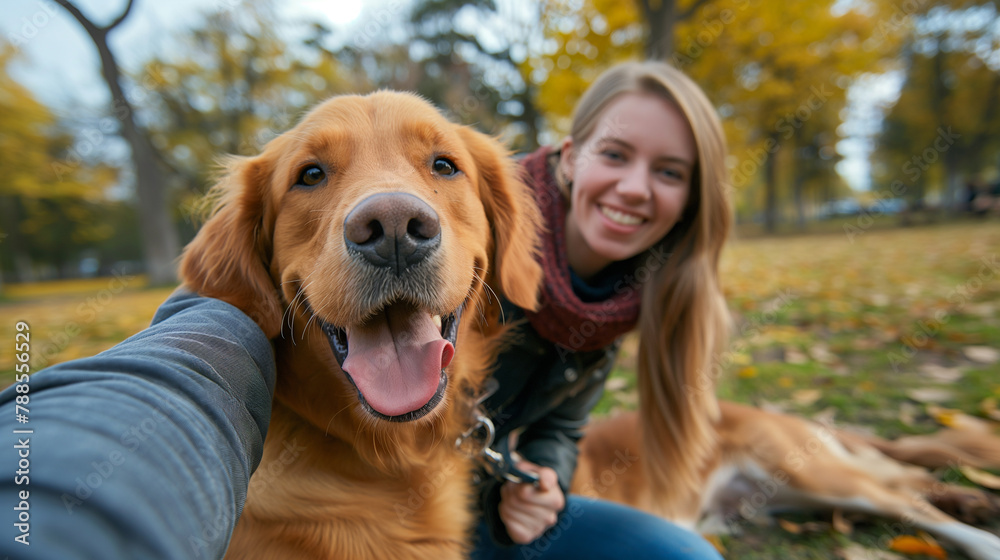 Mulher feliz no parque com seu cachorro no estilo selfie
