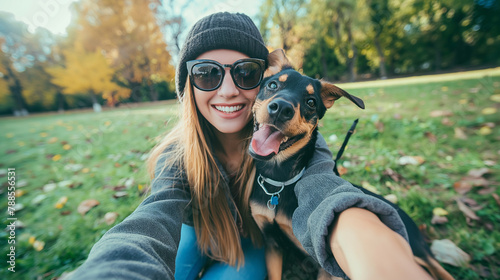 Mulher feliz no parque com seu cachorro no estilo selfie photo