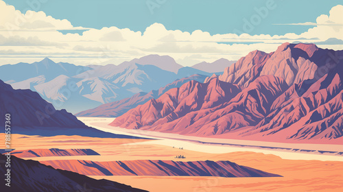 Illustration d'un paysage désertique. Nevada, Utah, USA. La Vallée des morts, Grand Canyon. Montagne, ciel nuageux. Nature, désert, calme. Pour conception et création graphique. photo