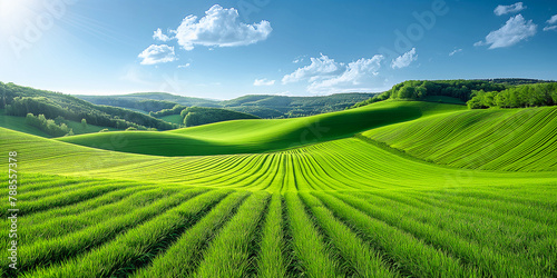 green field and blue sky with clouds