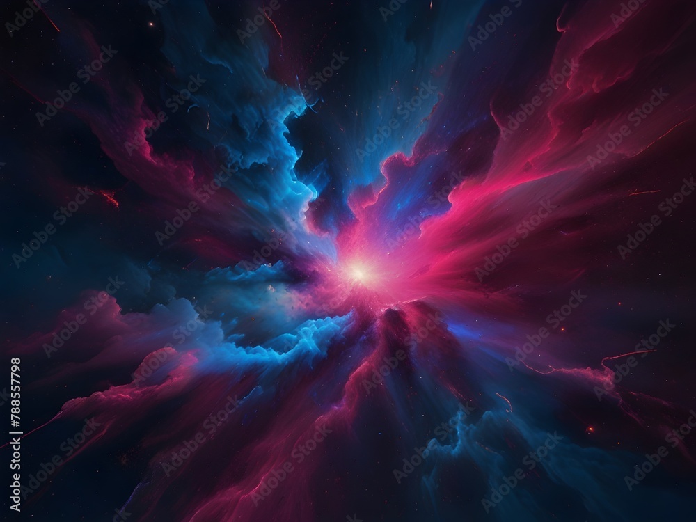 A dazzling display of neon pink and electric blue colors merging in a cosmic explosion, generative AI