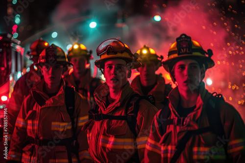 A group of handsome young male firefighters standing in front, wearing yellow protective gear and helmets with black trim, looking at the camera