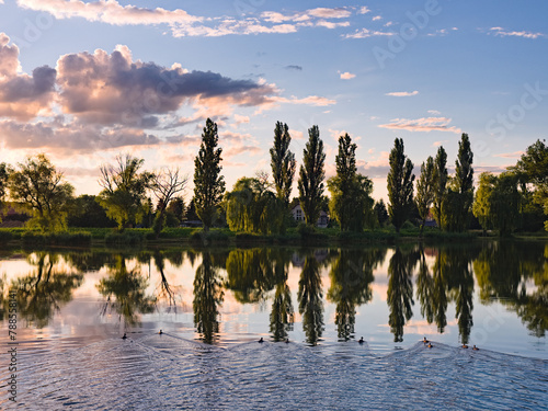 Odpływające kaczki na stawie w Pawłowicach o złotej godzinie © Bartosz