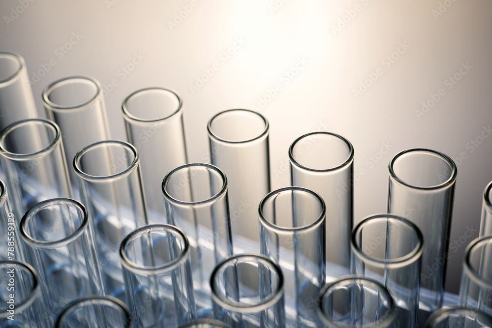 Glass test tubes placed in a laboratory rack Glass test tubes placed in a laboratory rack