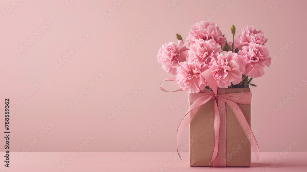 Celebrate Mother s Day and Valentine s Day with a charming gift concept featuring a beautiful pink carnation bouquet elegantly presented in a wrapped box set against a light pink background
