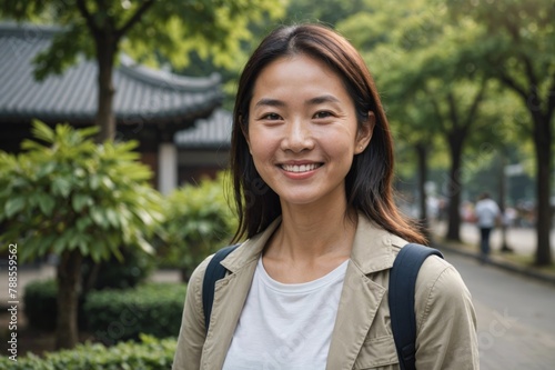 A smiling asian woman standing outside