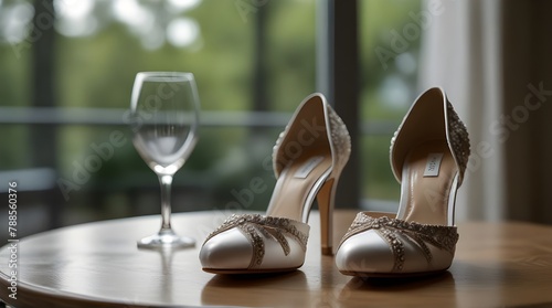 Elegant bridal shoes on a table by a glass window evoke anticipation.generative.ai