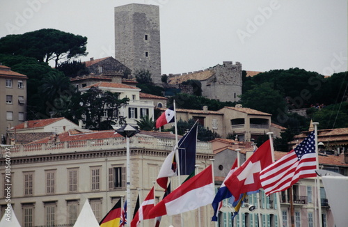 Skyline of old harbour Vieux Port and old town Le Suquet with Musee de la Castre, Cannes, french riviera, South France during 1990s photo