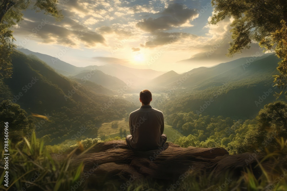 An image of a man sitting on a hillside, peering into the endless forest in front of him. He relaxes surrounded by nature, breathing in fresh air and enjoying the silence.