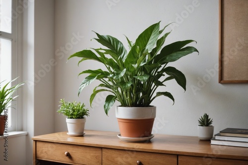 A potted plant on a sideboard
