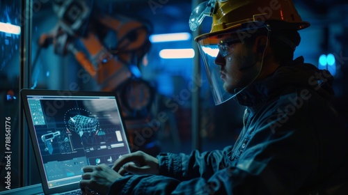 Engineer with safety helmet analyzing and optimizing robotic arm performance on a laptop with futuristic holographic display, showcasing productivity metrics.