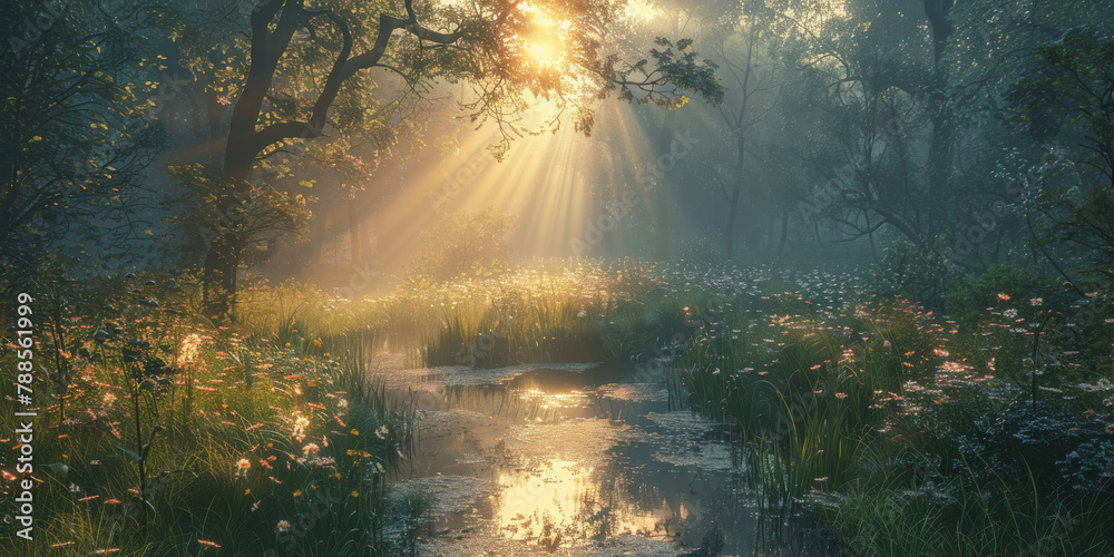 Enchanted Forest Sunrise with Misty Light Rays