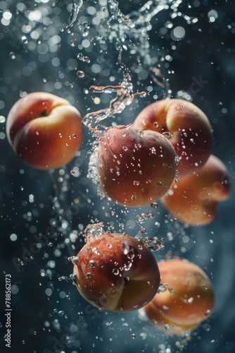 A cluster of ripe peaches is suspended mid-air surrounded by a dramatic splash of water, with droplets glistening against a dark, blurry background,