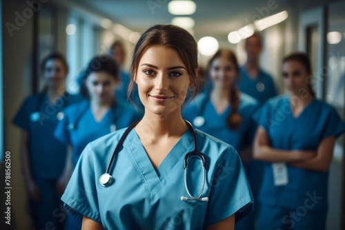 Young student stands in a hospital wearing medical scrubs, with her class mates having a group discussion in the background. Confident female student studying medicine in university