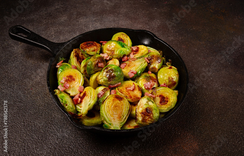 roasted brussels sprouts, with bacon, vegetarian food, homemade, no people,