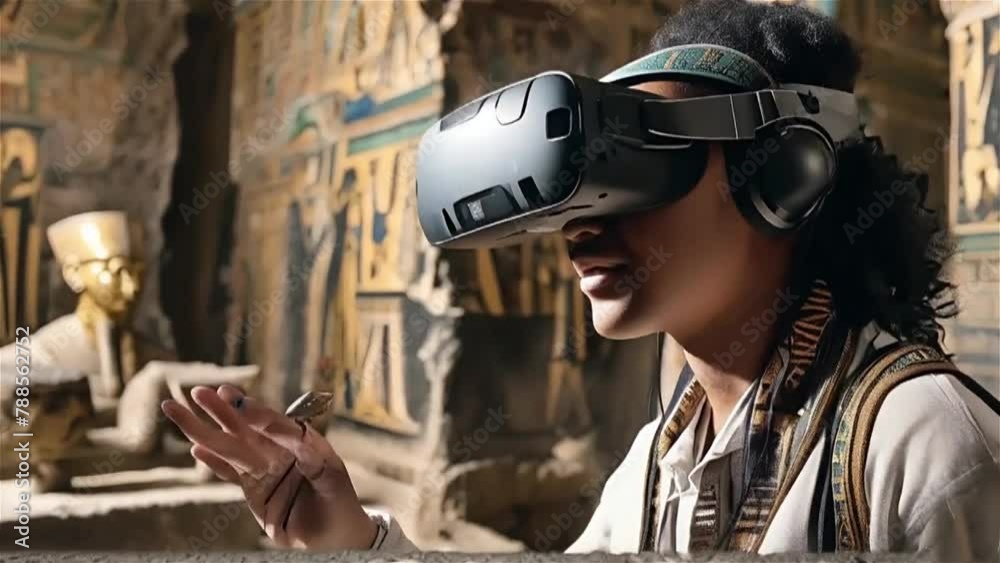 A student uses a virtual reality headset to explore an ancient Egyptian tomb, interacting with artifacts and learning about the history of the civilization. A student uses a virtual reality headset to explore an ancient Egyptian tomb, interacting with artifacts and learning about the history of the civilization.