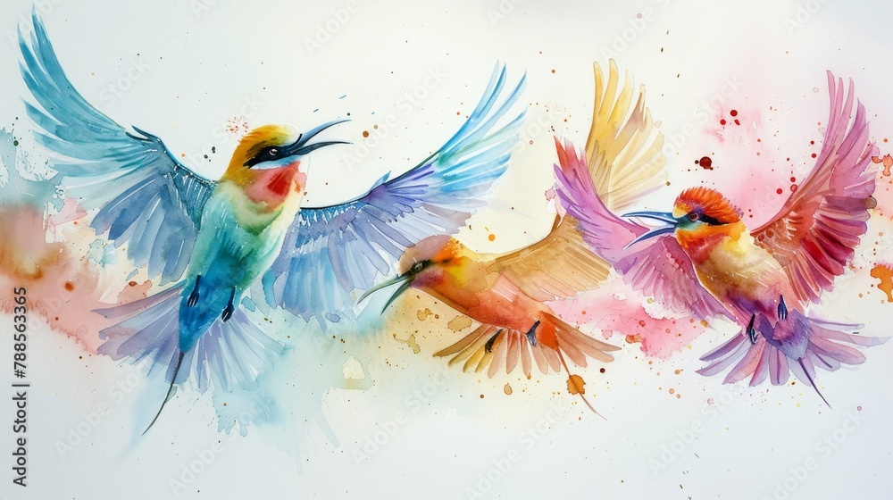 Vibrant watercolor painting showcasing three birds in mid-flight with splashes of colors enhancing their dynamic motion.