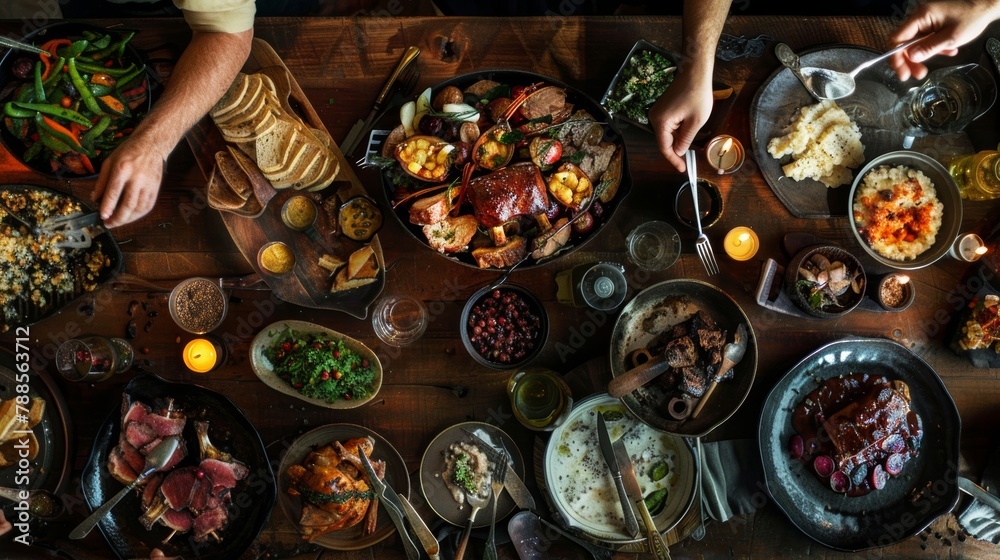 Overhead shot of a rustic table filled with an abundance of gourmet dishes shared among friends. Overhead shot of a rustic table filled with an abundance of gourmet dishes shared among friends.