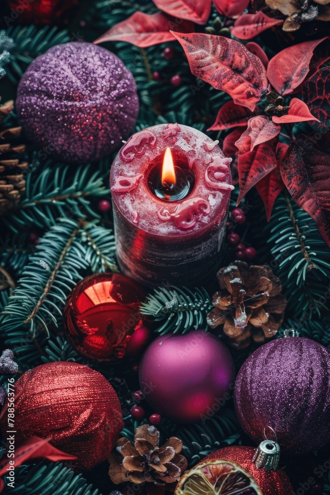 A lit candle surrounded by festive Christmas decorations. Perfect for holiday season designs