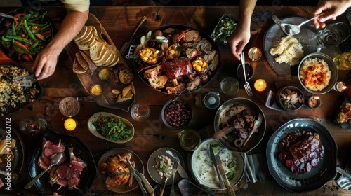  Overhead shot of a rustic table filled with an abundance of gourmet dishes shared among friends.