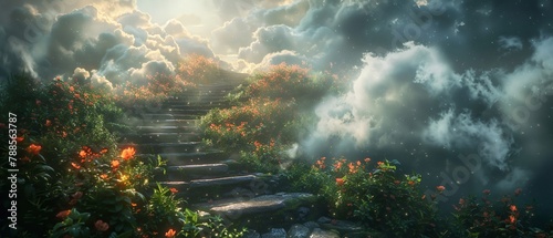 Journey to the unknown, ascending stairs, cloud-surrounded path