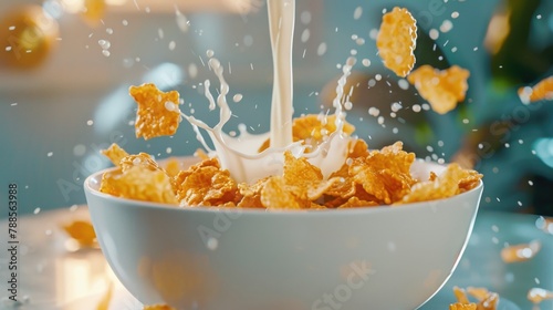 Cereal bowl being filled with milk, ideal for breakfast concepts