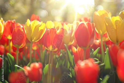 A beautiful field of red and yellow tulips with the sun shining in the background. Perfect for springtime and nature-themed designs