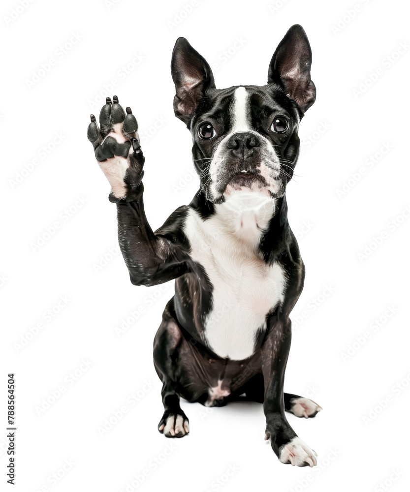 Boston terrier dog giving high five isolated on transparent background