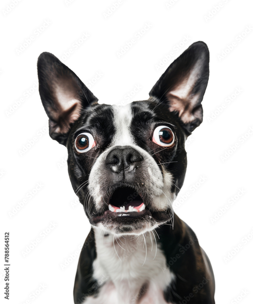 Boston terrier dog surprised, isolated on transparent background