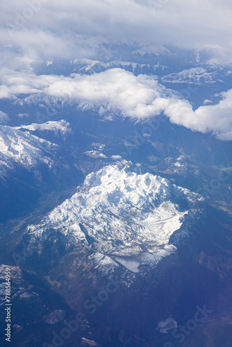 aerial view of snow covered mountain peaks in the Alps
