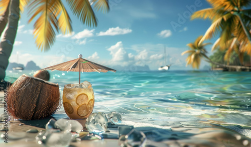 A tropical beach scene with clear blue water, palm trees and an open coconut cocktail in the sand