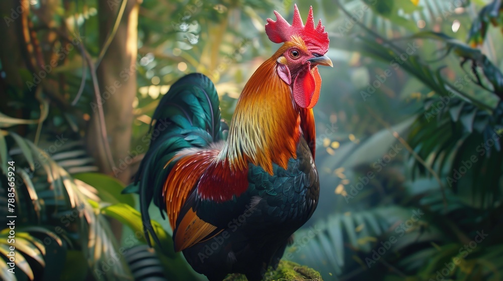 Vibrant rooster standing on moss covered rock, suitable for nature themes