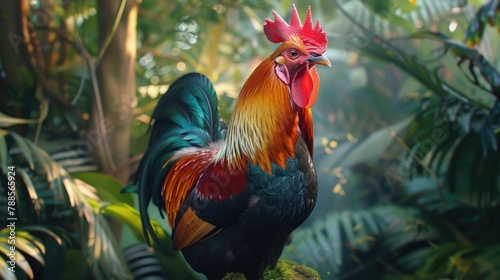 Wallpaper Mural Vibrant rooster standing on moss covered rock, suitable for nature themes Torontodigital.ca