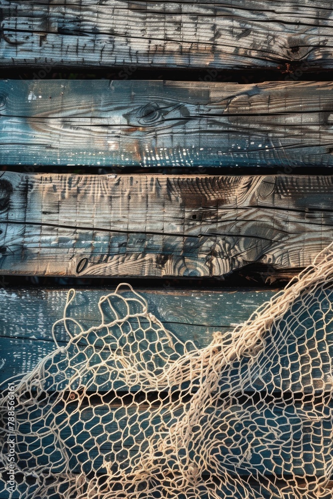 A pile of fishing nets on a wooden floor. Suitable for fishing industry concepts