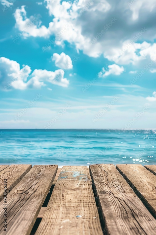 A wooden table with a scenic ocean view. Ideal for travel and vacation concepts