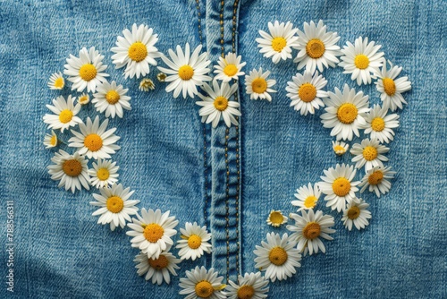 A heart made out of daisies on a denim jacket. Suitable for fashion and love concepts