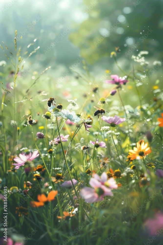 A beautiful field of wildflowers with a bee in the center. Suitable for nature and gardening concepts