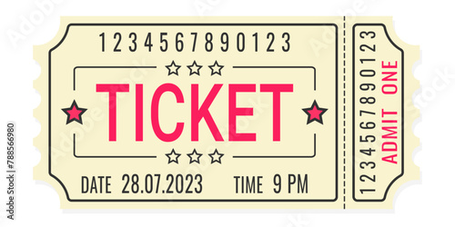 Admit one retro ticket on a white background, vector.