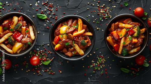 A pattern wallpaper of Peruvian salt ado Stir fry dishes with fries and vegetables in a dynamic pattern 