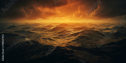 Clouds sea. Dramatic fiery yellow stormy cloudy sky reflecting on the troubled water surface. Panoramic wide angle view. Fantasy stormy sea. Cinematic stormy ocean with rays of light in the center.