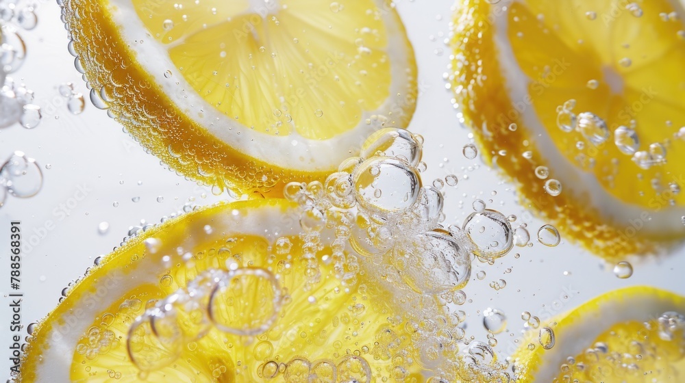 Fresh lemon slices floating in clear water. Great for food and beverage concepts Fresh lemon slices floating in clear water. Great for food and beverage concepts