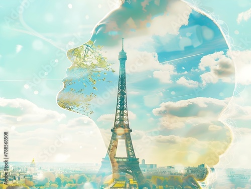 Eiffel Tower in Paris, France. Double exposure. Travel and tourism concept