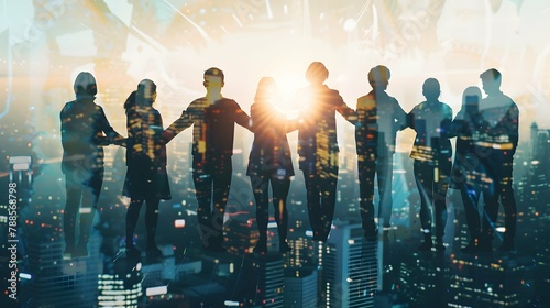 Double exposure panoramic teamwork business join hand together with silhouette business people and modern city background. Business team standing hands together, Volunteer charity work photo